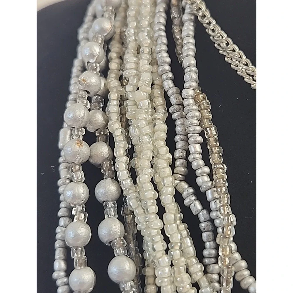 Mutli-Strand Layered Bib Necklace Silver Tones‎ W/ Glass Seed Beads 30